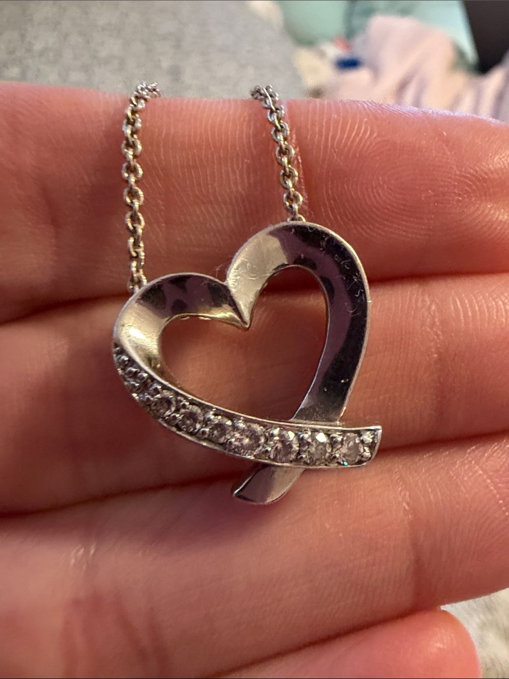 Open Heart Silver Necklace with Clear Crystals